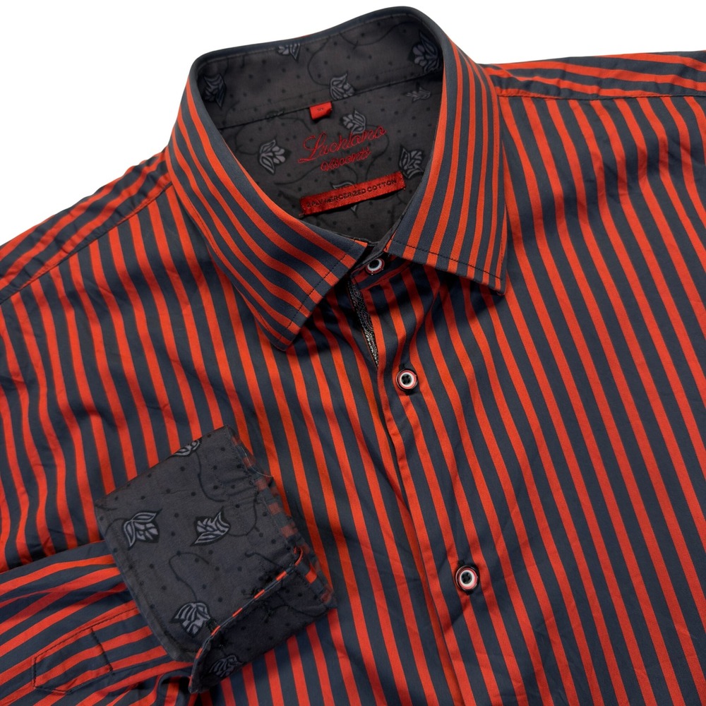 Luchiano Visconti Shirt Mens XL Red Black Stripe Flip Cuff Mercerized Cotton
